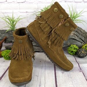 Minnetonka Double Fringe Side Zip Moccasin Boot